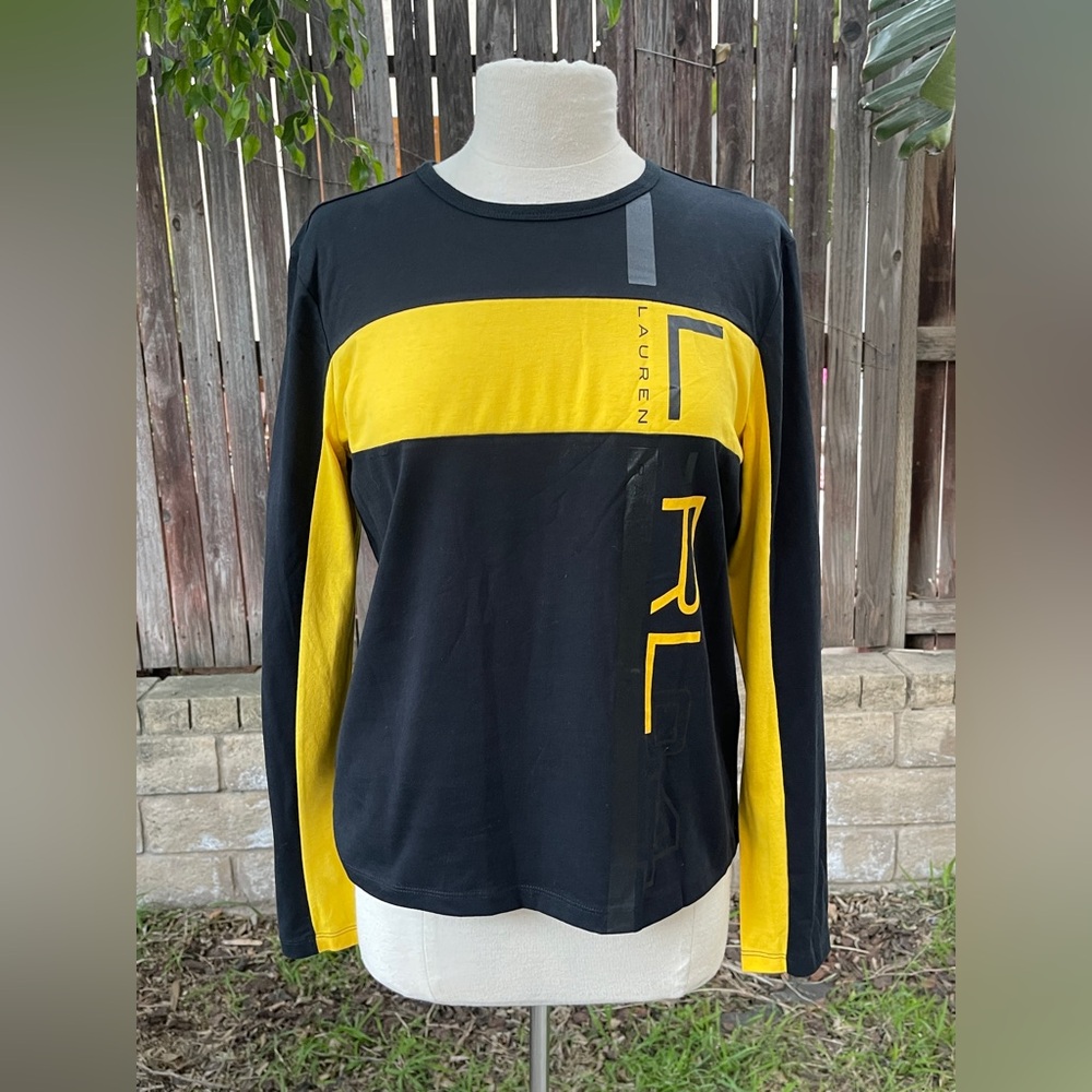 NWT Lauren Active Ralph Lauren Black and Yellow Long Sleeve Crewneck print top L